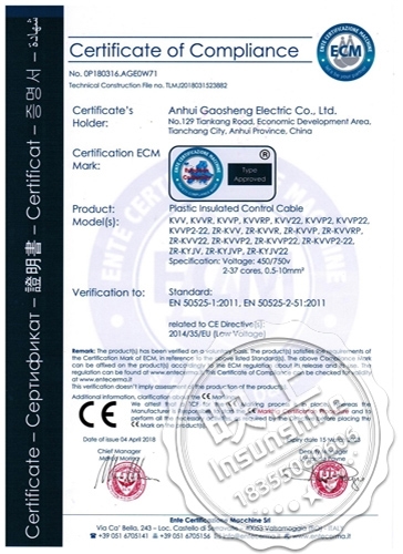 CE certificate-Plastic Insulated Control Cable